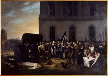 Inhumation temporaire des victimes de juillet devant la colonnade du Louvre