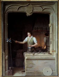 Un serrurier essayant de faire mordre sa lime à un geai. Illustration pour les fables de Jean de La Fontaine