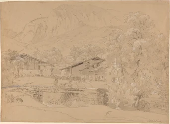 Un village alpin en été (craie noire et mine de plomb rehaussée de craie blanche sur papier beige)