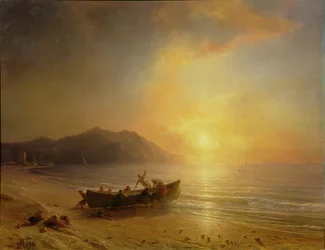 Paysage côtier avec pêcheurs arabes lançant un bateau au coucher du soleil