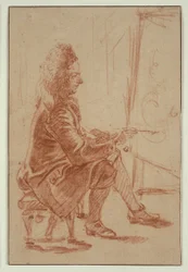 Peintre à la perruque (peut-être Claude Audran), assis à son chevalet, vu de profil