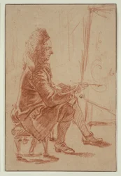 Un peintre à la perruque (peut-être Claude Audran), vers 1709 (craie rouge sur papier vergé chamois, posé sur carton vergé crème)