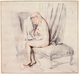 Femme nue assise sur une chaise longue, mettant sa chemise, 18ème siècle
