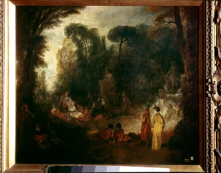 Fête dans un parc. Pique-nique, conversation et promenade dans les bois. Peinture par Jean Antoine Watteau (1684-1721), vers 1712-1713. Huile sur toile. Madrid, Musée du Prado