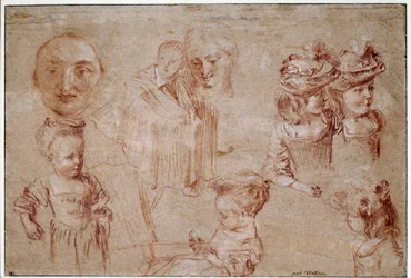 Masque de Pierrot, cinq filles en buste, un homme drapé et un visage de femme