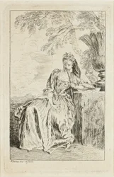 Femme assise, appuyée sur un piédestal