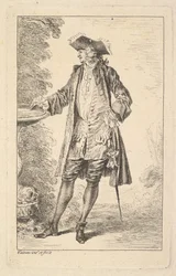 Homme debout avec sa main droite reposant sur un bassin, montré en vue de trois quarts..., vers 1710