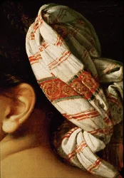 Nu féminin, vue de dos, détail du turban (peinture sur toile)
