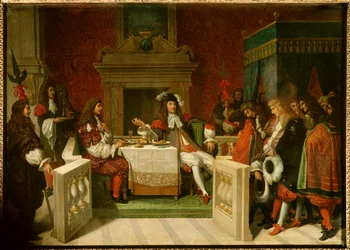 Louis XIV et Molière : Le roi Louis XIV (1638-1715) et Jean Baptiste Poquelin dit Molière (1622-1673) à table devant les courtisans
