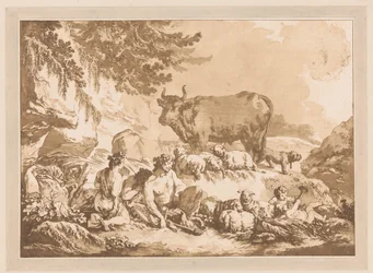 Satyres reposant entre des moutons et une vache dans un paysage