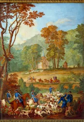 Plaque représentant les chasses de Louis XVI : « La meute de chiens courants se rendant au rendez-vous dans la forêt de Compiègne »