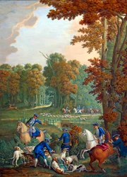 Plaque représentant les chasses de Louis XVI : le relais au carrefour de l
