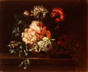 Roses, œillets et convolvulus sur un rebord