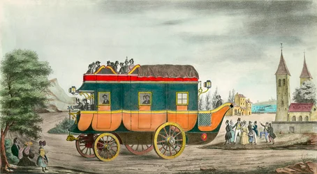 La voiture (ou diligence) à vapeur : invention française de 1835. Gravure par Ange Tissier (1814-1876). 1835. Collection privée