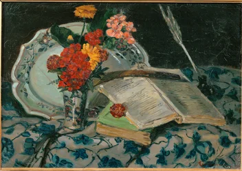 Nature morte: fleurs, faiences, livres (painting on canvas)