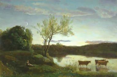 Un étang avec trois vaches et un croissant de lune, vers 1850