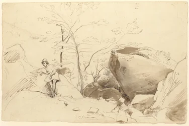 Fontainebleau, personnage adossé à un rocher