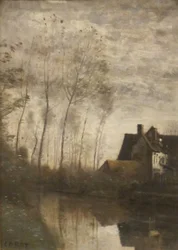 French: Scène de rivière avec maisons et peupliers A River Scene with Houses and Poplars