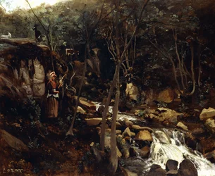 Lormes - Un torrent avec un paysan debout, filant de la laine, 1842