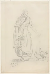 Jeune paysanne nourrissant des poulets, 1800s