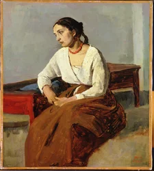 Femme assise en jupe marron