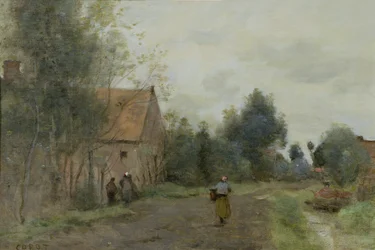 Sin près de Douai, rue du village le matin, temps gris, 1872