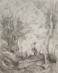 Le Grand Cavalier dans le bois, impression originale 1854, imprimée en 1921