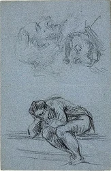 Figure assise avec la tête dans les mains et deux caricatures (recto) ; quatre figures dans une lunette (verso)