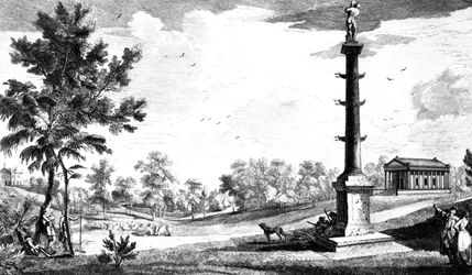 Vue du Monument du Capitaine Grenville au Temple Grec, Jardins de Stowe House, gravé par George Bickham, 1753