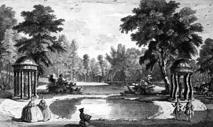 Vue de la grotte et des deux temples de coquillages, jardins de Stowe House, gravée par George Bickham, 1753