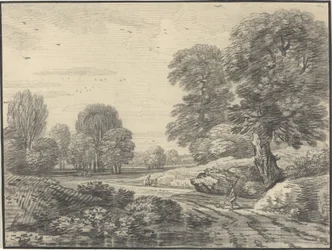 Voyageurs sur une route dans un paysage boisé