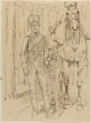 Un hussard français menant un cheval