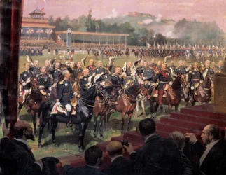 La distribution des drapeaux à Longchamp par le président Jules Grévy en présence de Léon Gambetta le 14 juillet