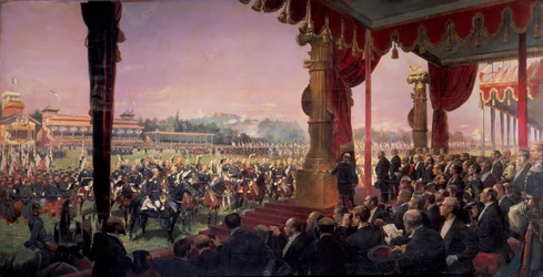 La distribution des drapeaux à Longchamp par le président Jules Grévy en présence de Léon Gambetta le 14 juillet 1880