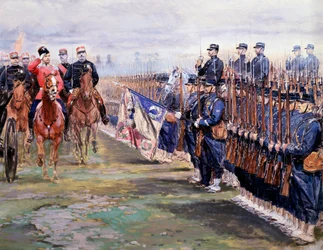 Le tsar Nicolas passe en revue les troupes avec Félix Faure à Châlons-sur-Marne lors de sa visite en France, le 9 octobre