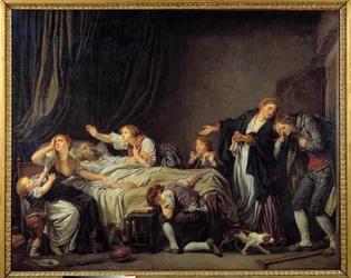 Le Fils puni. Le fils rentre chez lui et trouve sa famille en pleurs au chevet de son père mort. 1778. Soleil. 1,3 x 1,63 m
