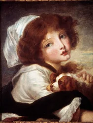 Jeune fille avec petit chien Peinture de Jean Baptiste Greuze (1725-1805) 18ème siècle Paris, Musée Cognacq-Jay