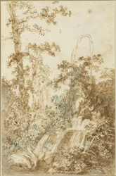 Caprice avec fontaine et cygnes folâtrant