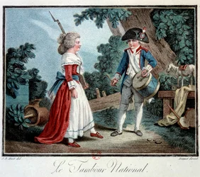 Révolution française : « Le tambour national » Deux jeunes enfants déguisés en révolutionnaires. Lithographie de Jean Baptiste Huet (1745-1811), XVIIIe siècle, Paris, musée des Arts décoratifs
