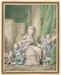 Dessin, mère et deux enfants dans un boudoir, peut-être 1782