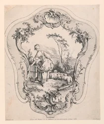 Panneau rocaille, avec scène d