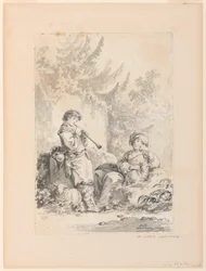 Garçon berger et bergère dans un paysage