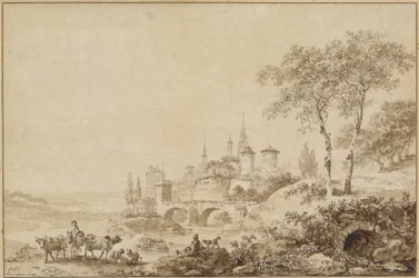 Bergers dans un paysage devant une ville fortifiée