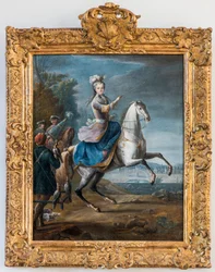 Portrait équestre de Marie Leszczynska, épouse de Louis XV par Martin Jean Baptiste (Martin Des Batailles) (1659 - 1735). (Chasse au faucon premier du château de Fontainebleau) - Musée de Sceaux