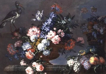 Nature morte de fruits et de fleurs avec des oiseaux