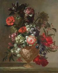 Nature morte de fleurs dans un vase sculpté