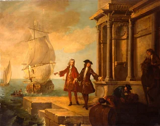 Europe - Marchands européens avec des débardeurs manipulant un tonneau et une balle sur un quai, 1724