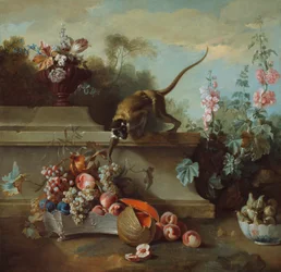Nature morte avec singe, fruits et fleurs