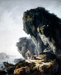 Un paysage côtier avec des figures sur un rocher