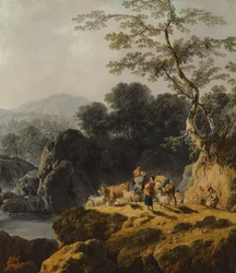 Paysage de vallée fluviale avec bergers et voyageurs
